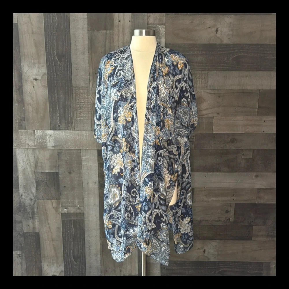 NWT! Blue floral paisley Kimono OS sparkly rhinestones dark feminine resortwear